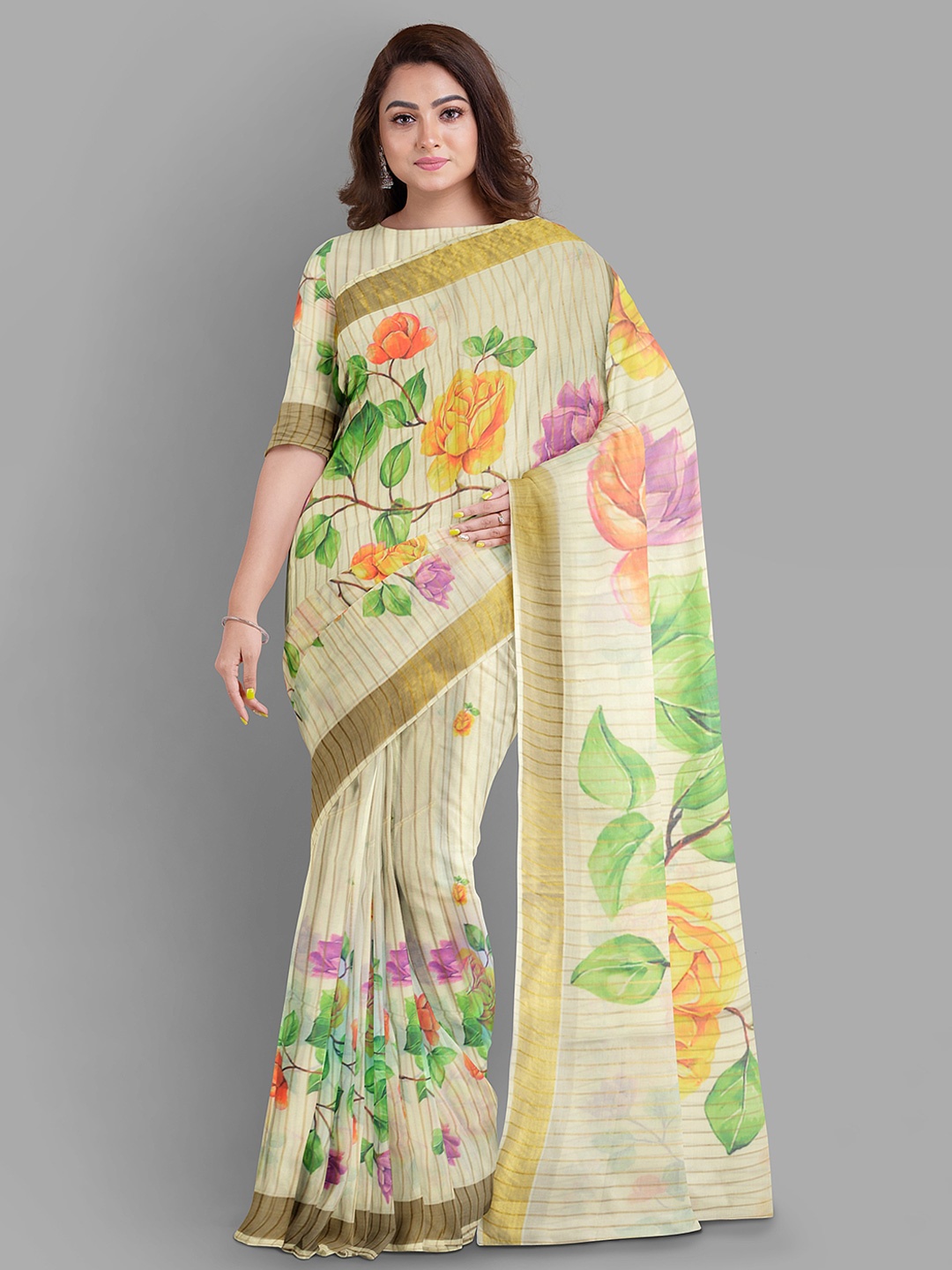 

The Chennai Silks Floral Zari Pure Cotton Kasavu Saree, Off white