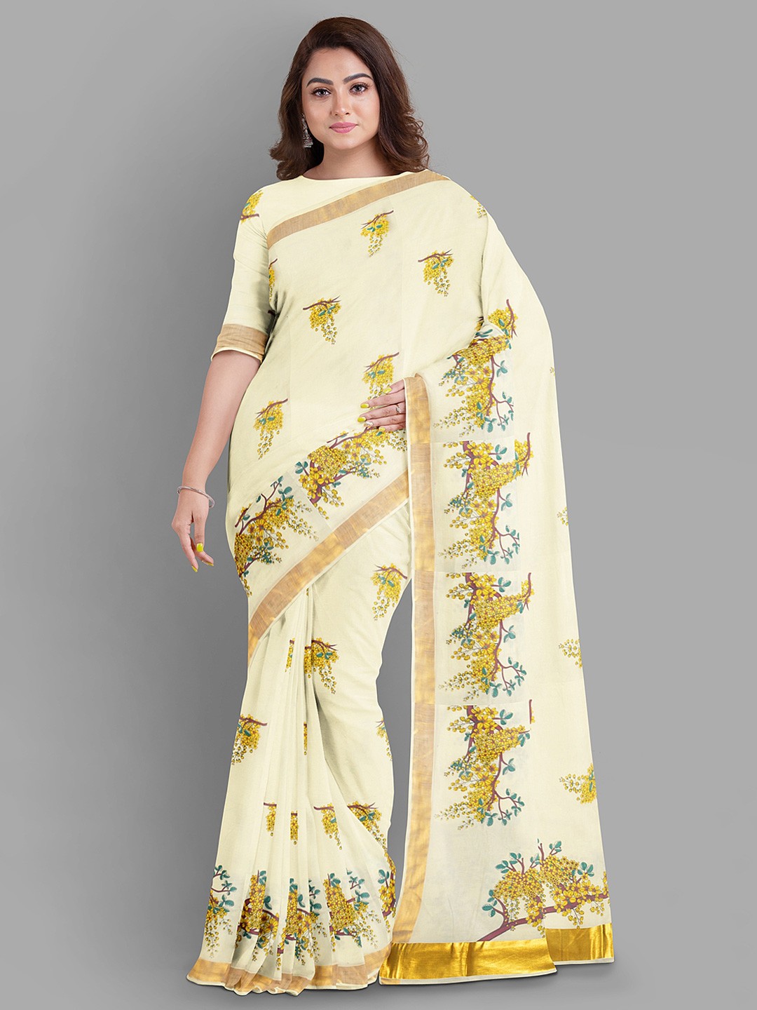 

The Chennai Silks Ethnic Motif Pure Cotton Kasavu Saree, Off white