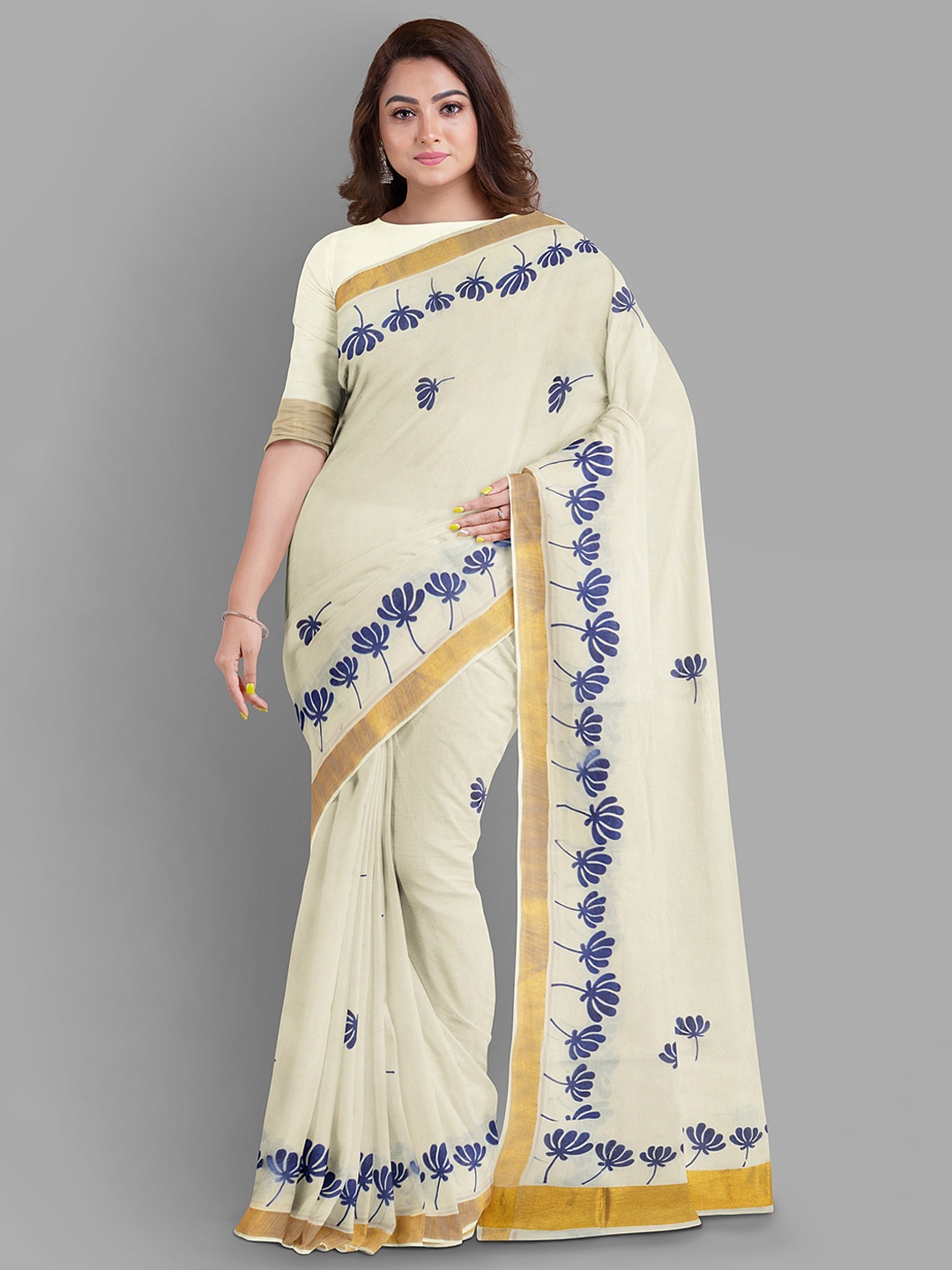 

The Chennai Silks Floral Pure Cotton Kasavu Saree, Off white