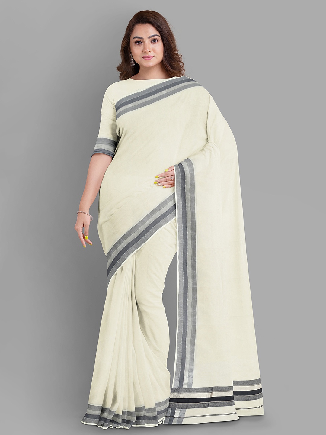 

The Chennai Silks Pure Cotton Kasavu Saree, Off white