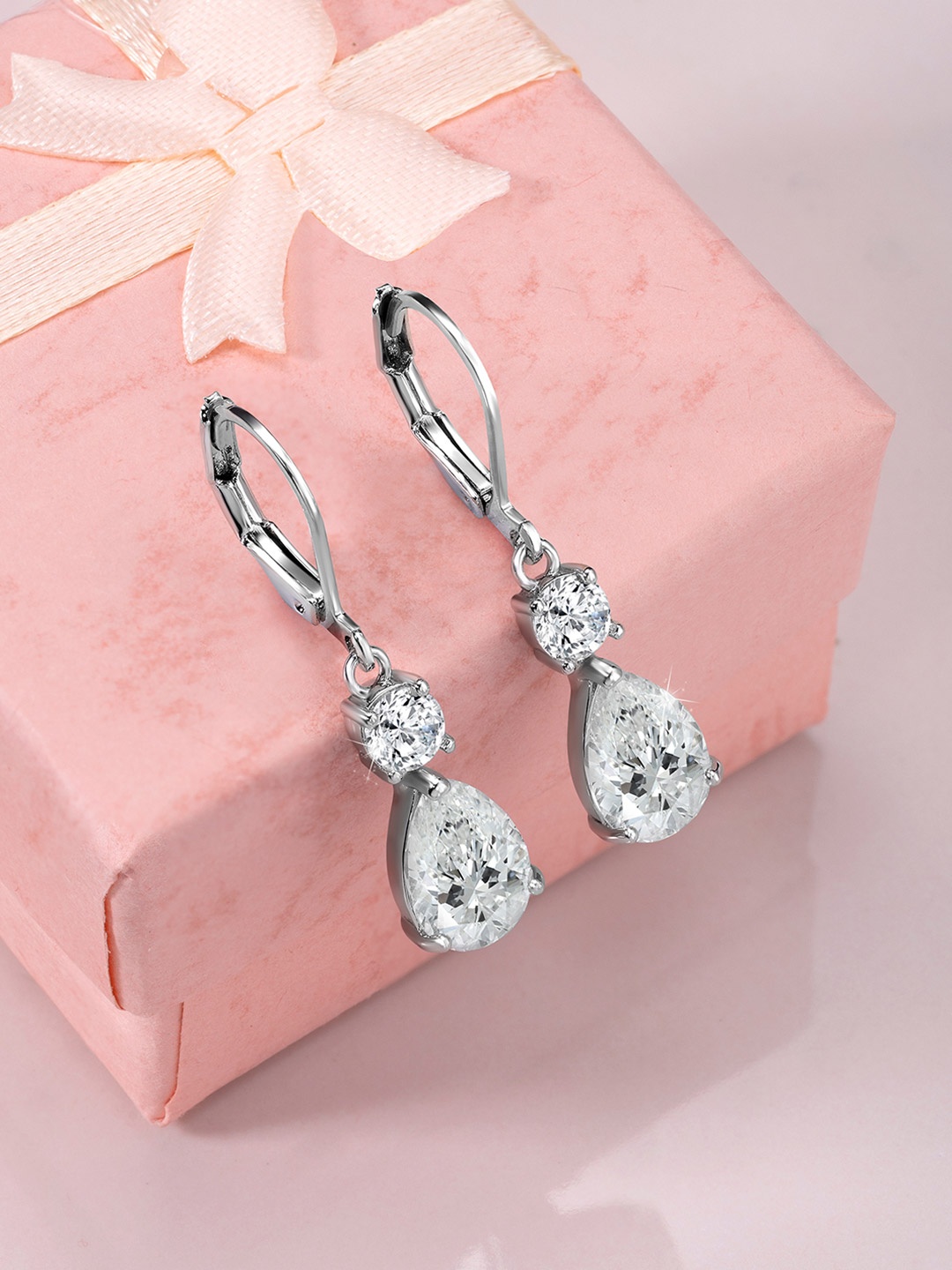 

Peora Silver-Plated Contemporary Cubic Zirconia Oxidised Drop Earrings, White