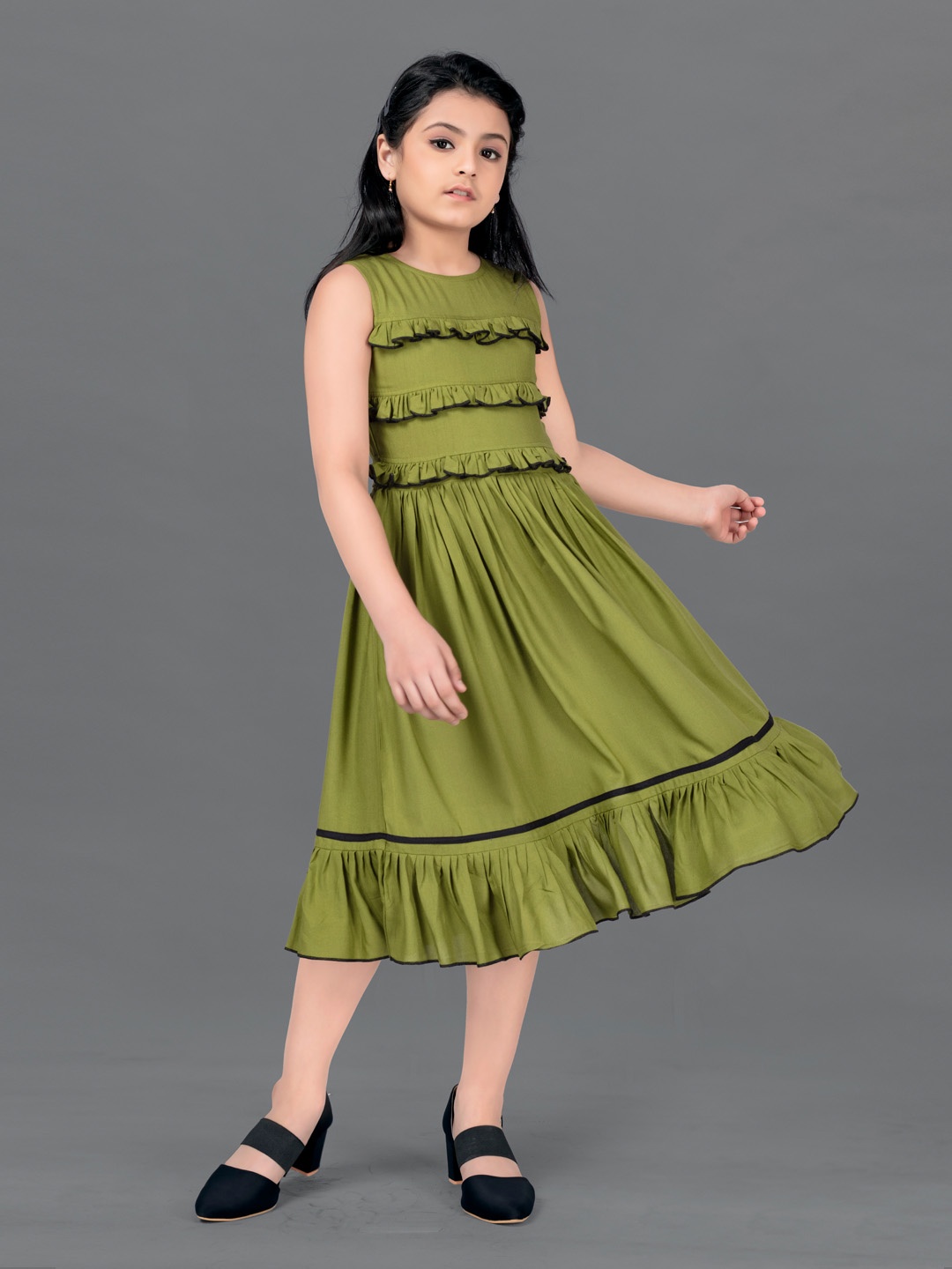 

BAESD Girls Ruffles Detail Fit & Flare Midi Dress, Olive