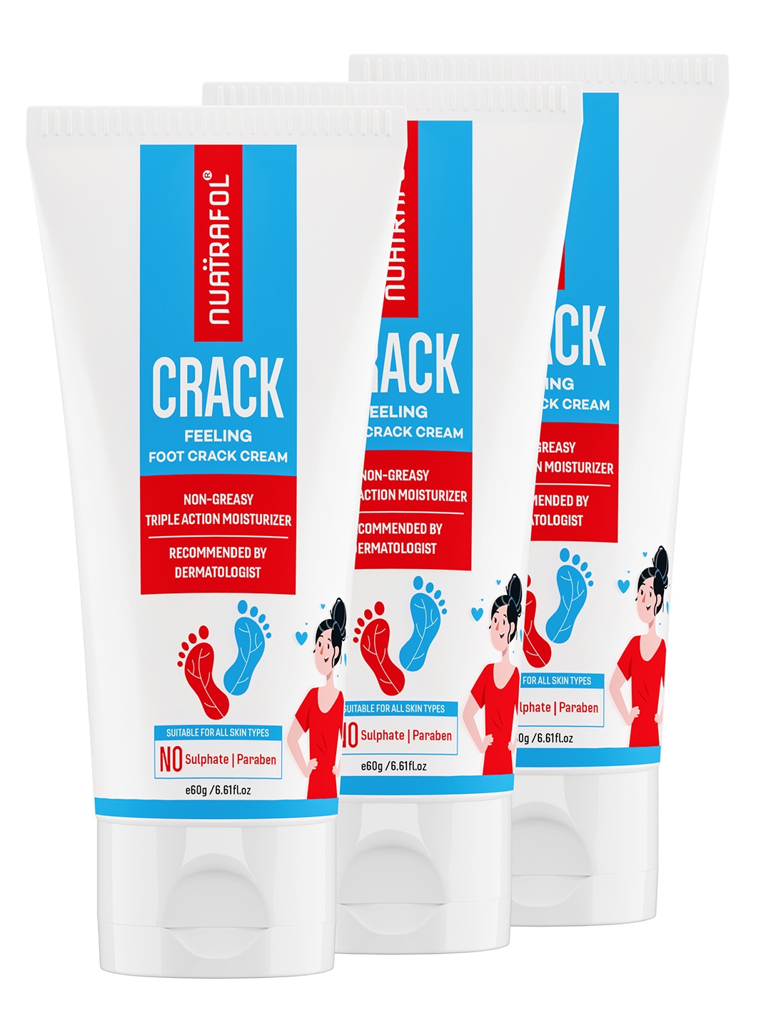 

NUATRAFOL Set Of 3 Crack Feeling Foot Crack Cream- 60g Each, Red