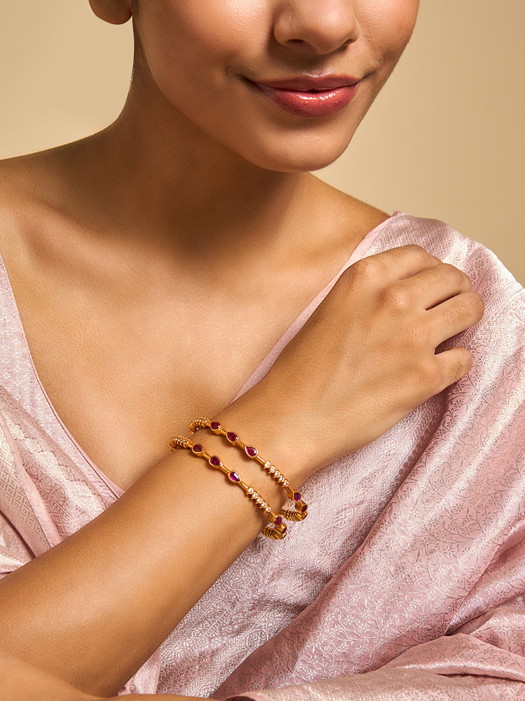 

Kushal's Fashion Jewellery Set Of 2 92.5 Pure Silver Gold-Plated Stone-Studded Bangles