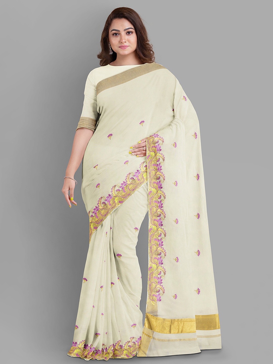

The Chennai Silks Ethnic Motif Pure Cotton Kasavu Saree, Off white