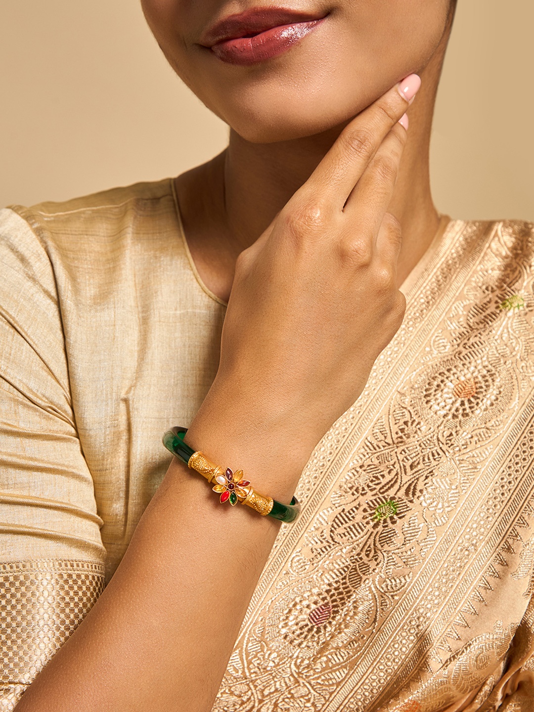 

Kushal's Fashion Jewellery 92.5 Pure Silver Navaratna Gold-Plated Stone Studded Bangle