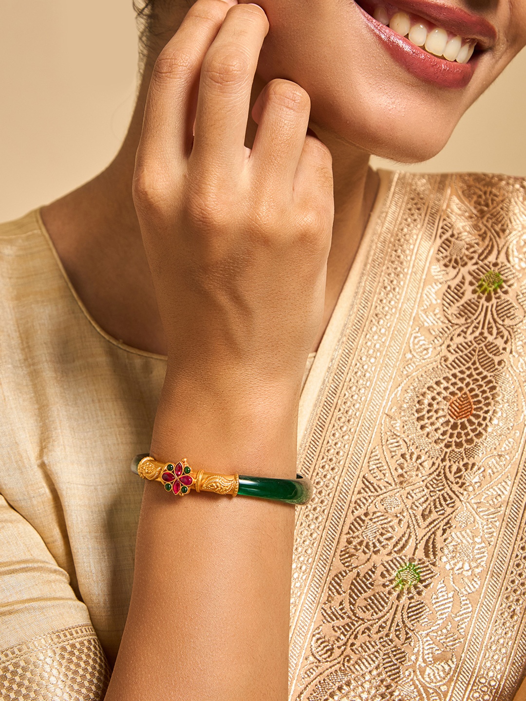 

Kushal's Fashion Jewellery 92.5 Pure Silver Gold Plated Stones Bangle-Style Bracelet