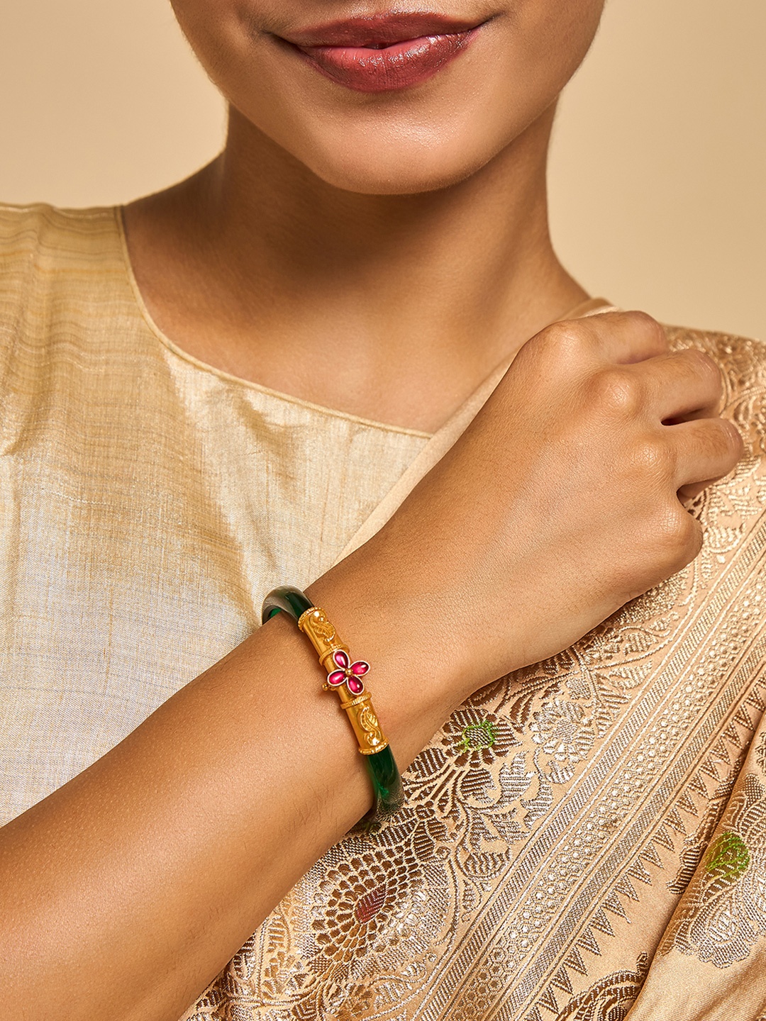 

Kushal's Fashion Jewellery 92.5 Pure Silver Gold-Plated Stone- Studded Temple Bangle