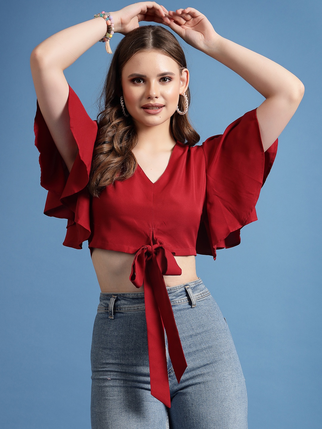 

BEING NAUGHTY Kimono Sleeve Crepe Blouson Crop Top, Maroon