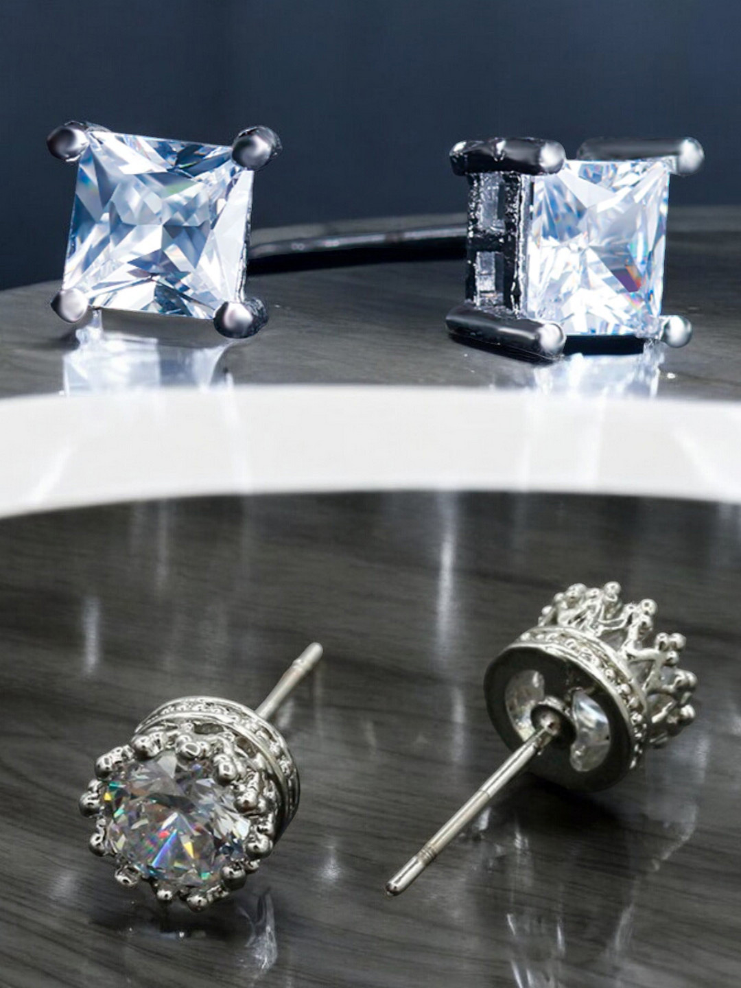 

fabula Set Of 2 Square Shaped Metal Cubic Zirconia Studded Earrings, Silver