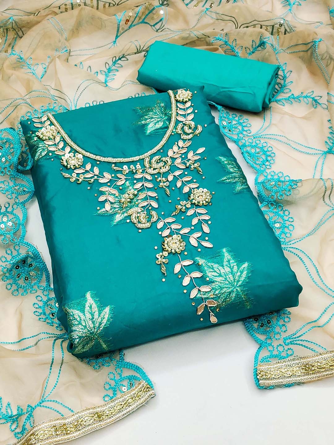 

KIMISHA Floral Embellished Sequinned Organza Unstitched Dress Material, Green