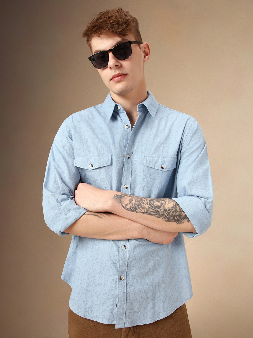 

Dennis Lingo Smart Relaxed Fit Textured Self Design Pure Cotton Casual Shirt, Blue
