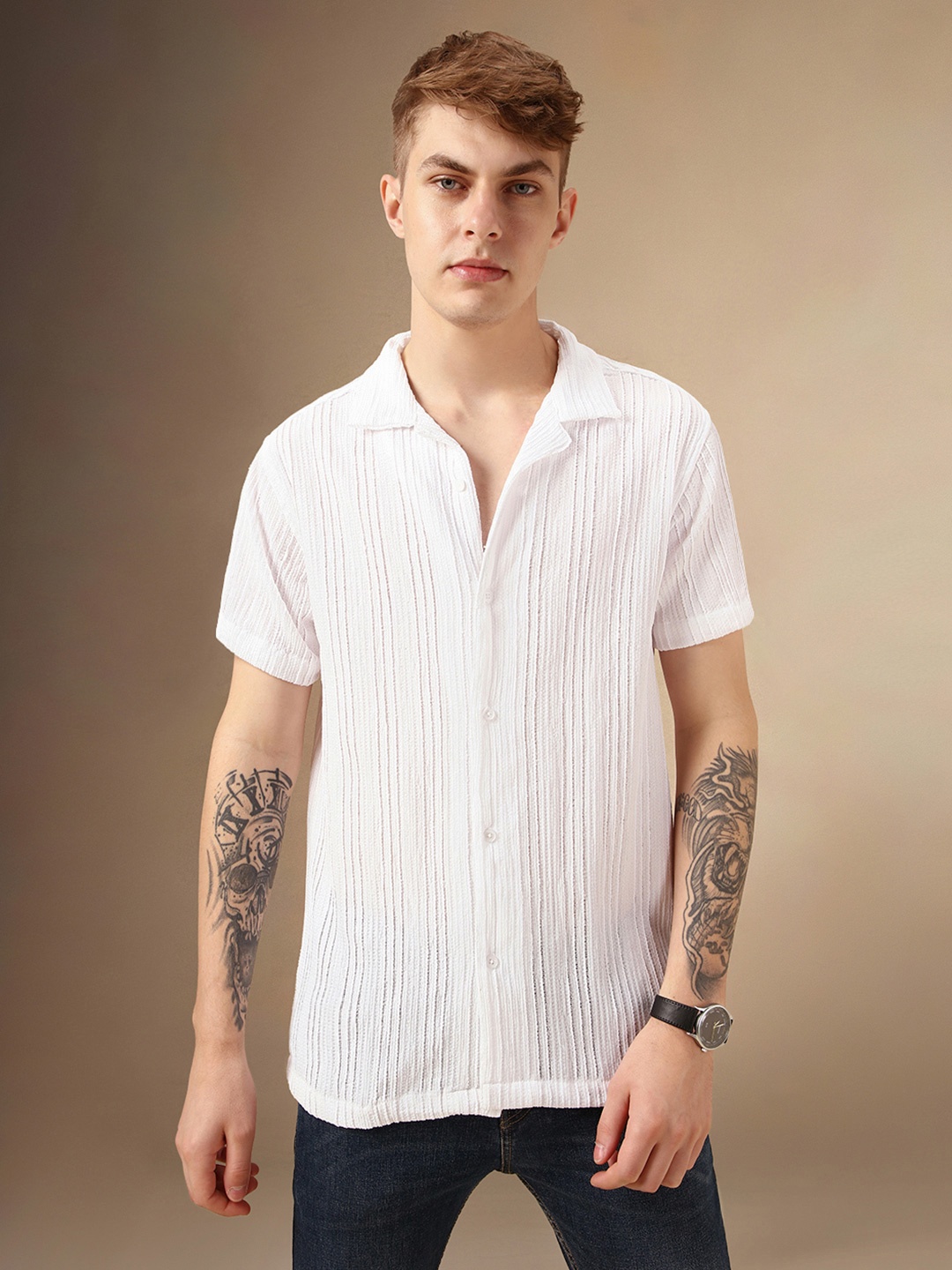 

Dennis Lingo Smart Textured Striped Seersucker Relaxed Fit Casual Shirt, White