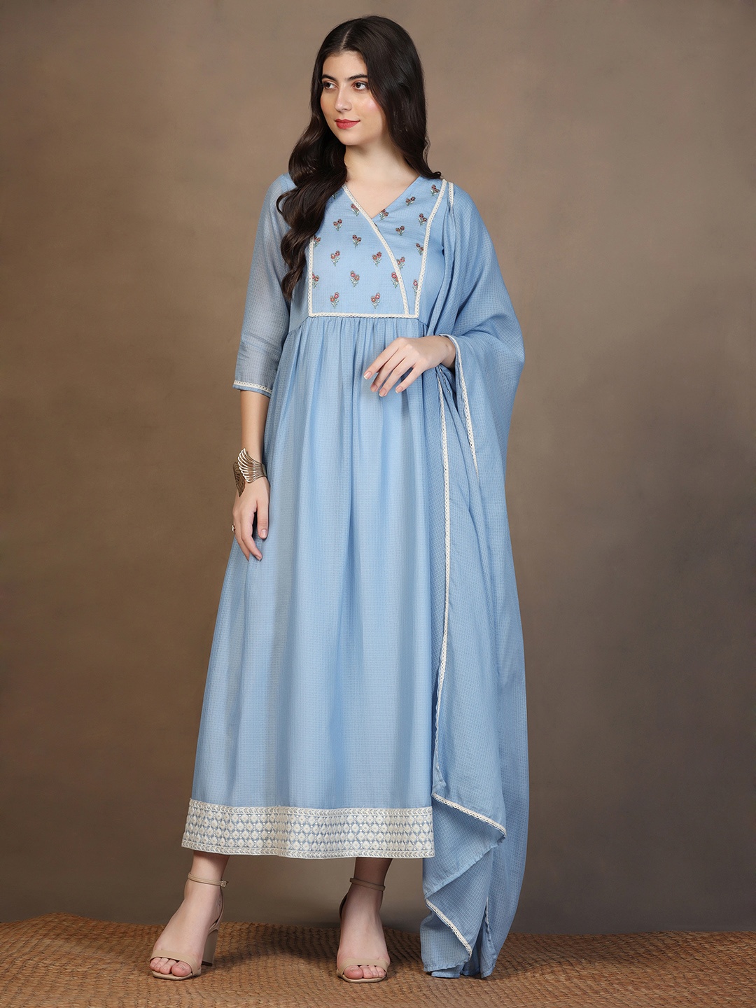 

FASHION DREAM Embroidered Fit & Flare Ethnic Dress with Dupatta, Blue