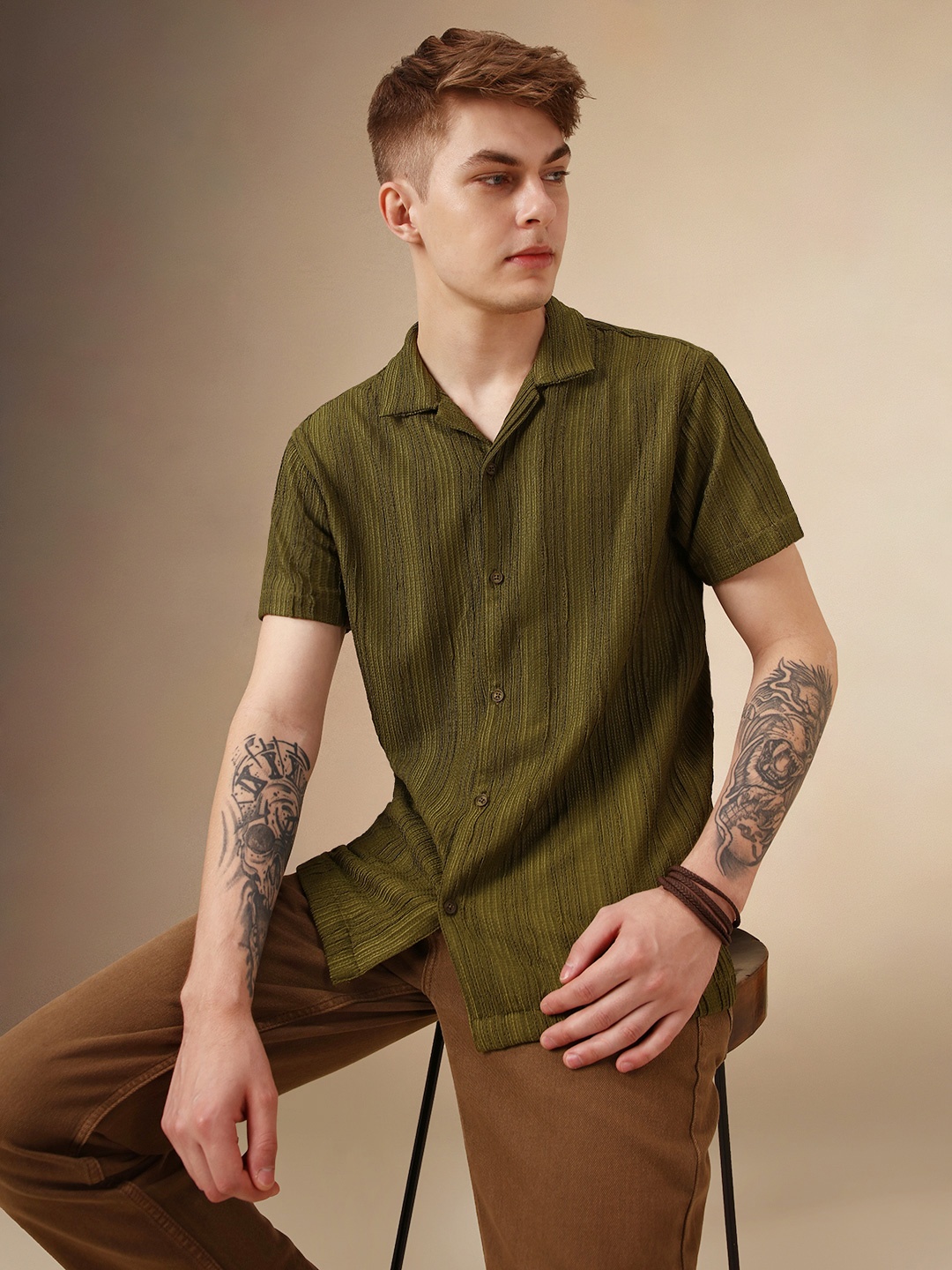 

Dennis Lingo Smart Textured Striped Seersucker Relaxed Fit Casual Shirt, Olive