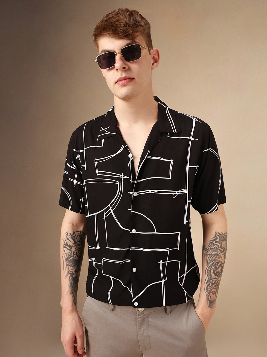 

Dennis Lingo Smart Abstract Printed Cuban Collar Relaxed Fit Casual Shirt, Black