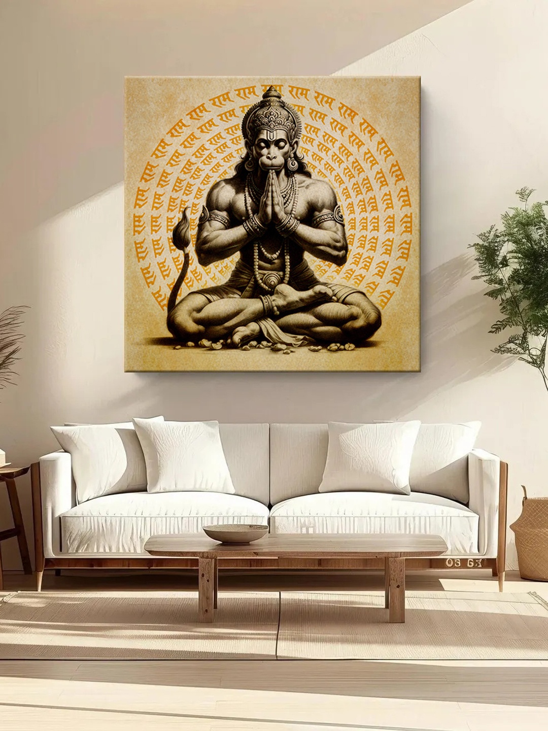 

999Store Brown & Black Canvas Hanuman Meditating Religious Wall Art