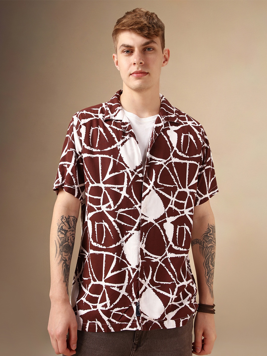 

Dennis Lingo Smart Abstract Printed Cuban Collar Relaxed Fit Casual Shirt, Maroon