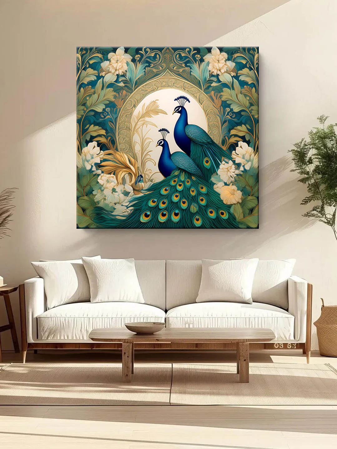 

999Store Green & Beige Peacocks Printed Canvas Wall Art