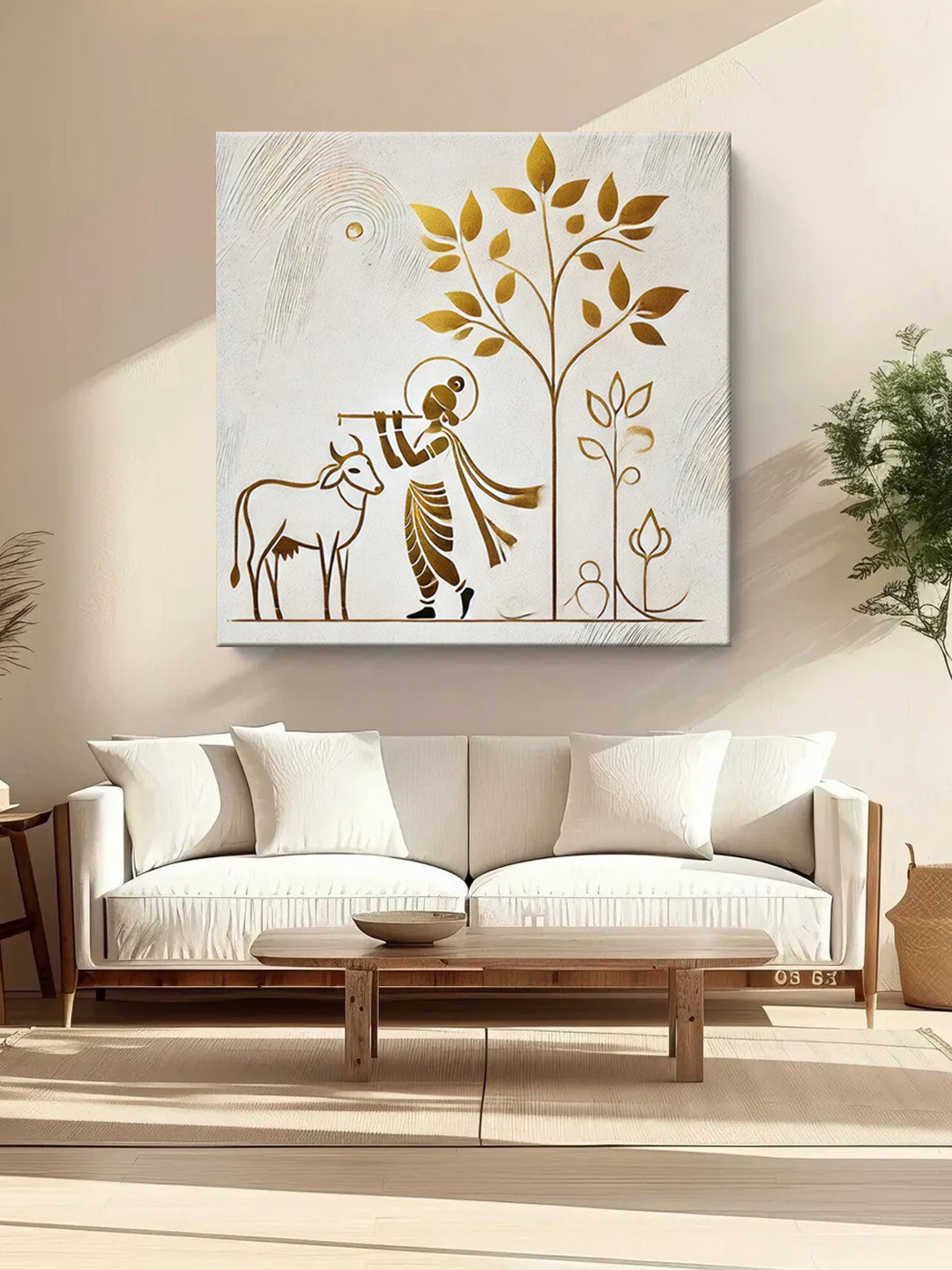 

999Store Grey & Gold Toned Krishna Playing the Flute Printed Canvas Wall Art