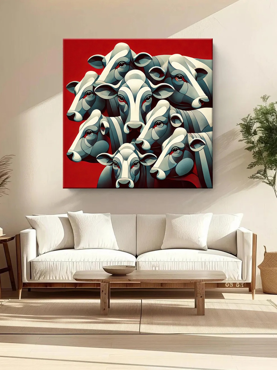 

999Store Grey & Red Cows Herd Printed Canvas Wall Art