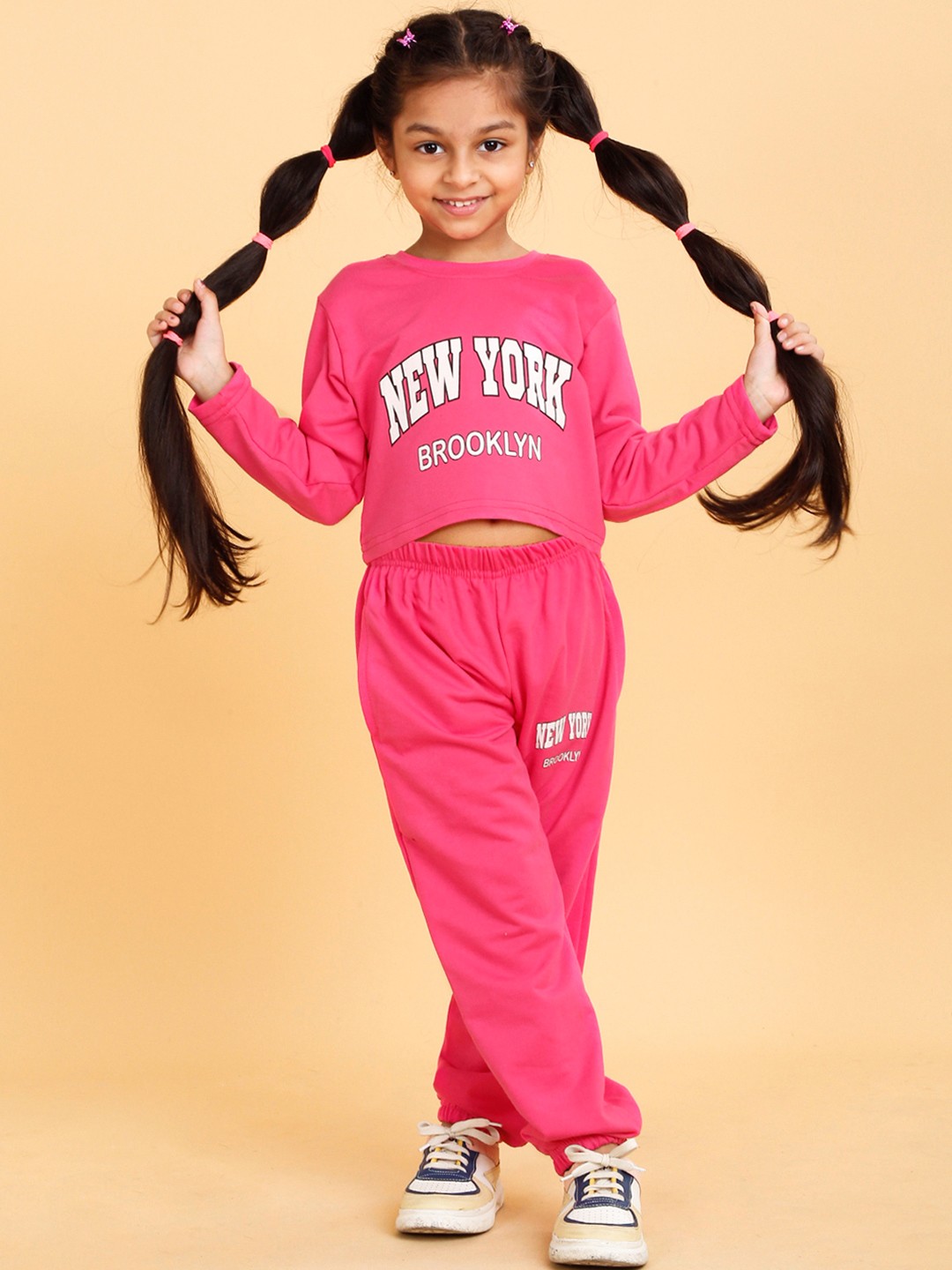 

HERE&NOW Girls Girls Printed Crop Top with Trouser, Pink