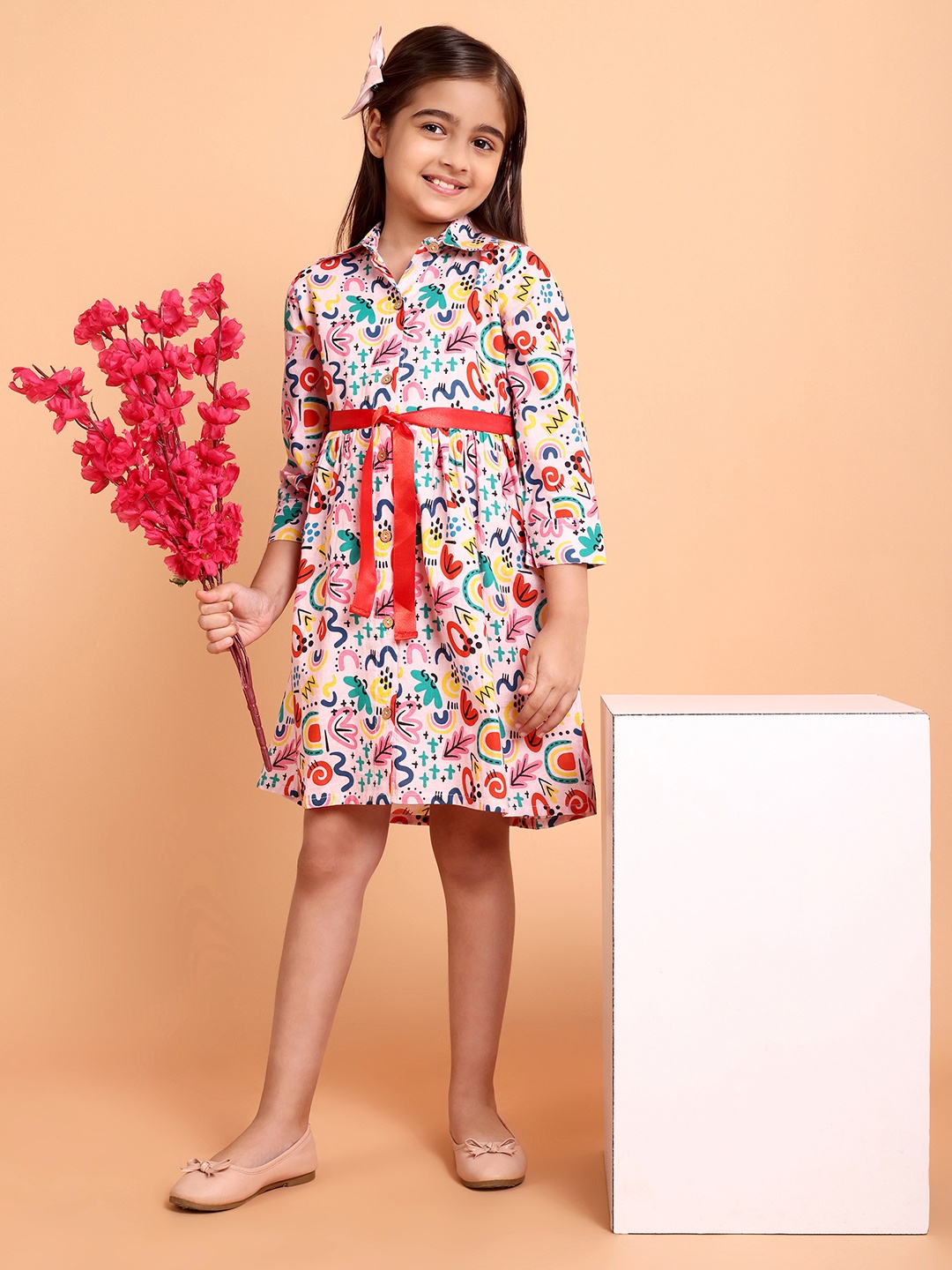 

HERE&NOW Girls Floral Printed Pure Cotton Shirt Dress, Pink