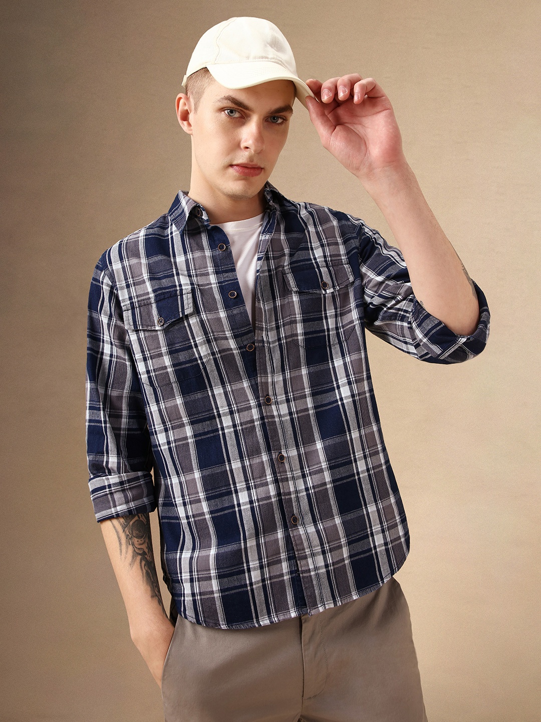 

Dennis Lingo Smart Tartan Checked Corduroy Pure Cotton Relaxed Fit Casual Shirt, Navy blue