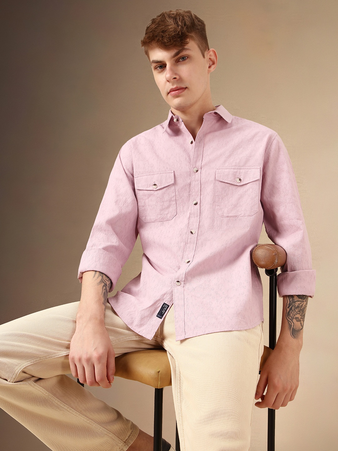 

Dennis Lingo Smart Relaxed Fit Textured Self Design Pure Cotton Casual Shirt, Pink