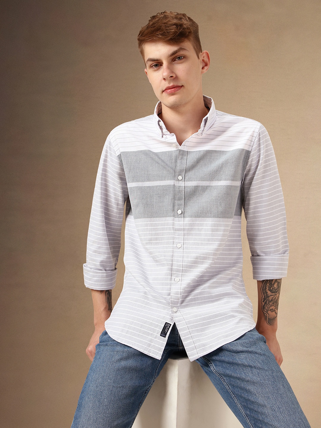 

Dennis Lingo Men Smart Button-Down Collar Horizontal Striped Cotton Casual Shirt, Grey