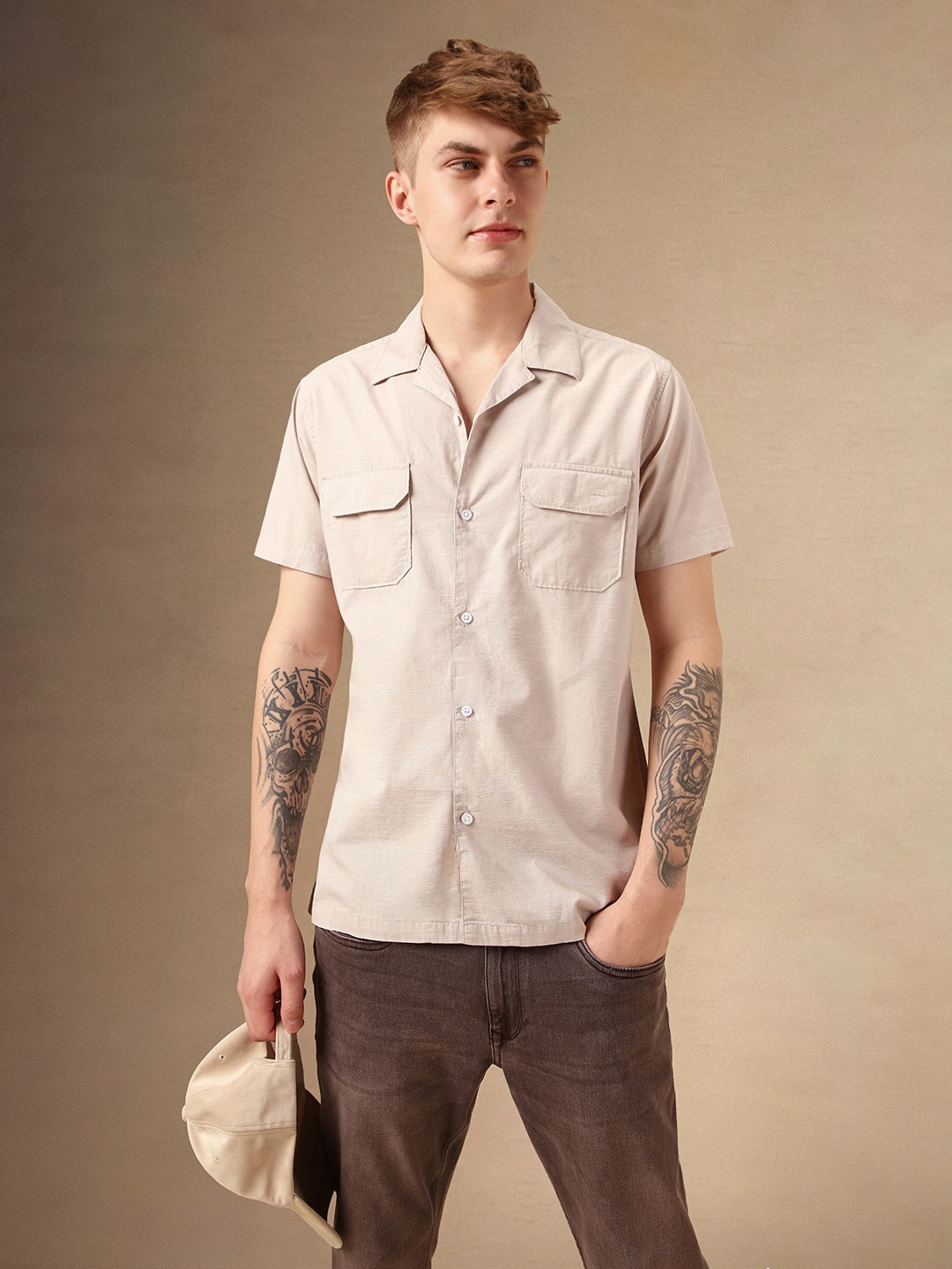 

Dennis Lingo Smart Cuban Collar Cotton Slub Casual Shirt, Beige