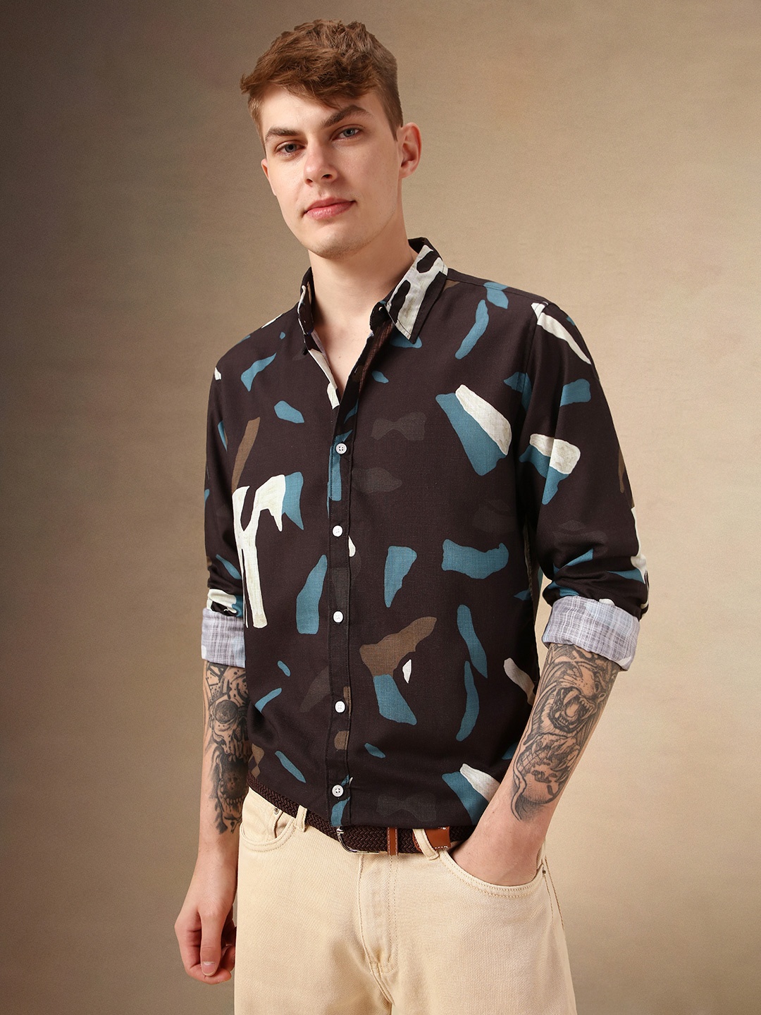

Dennis Lingo Smart Abstract Printed Cotton Slub Casual Shirt, Brown