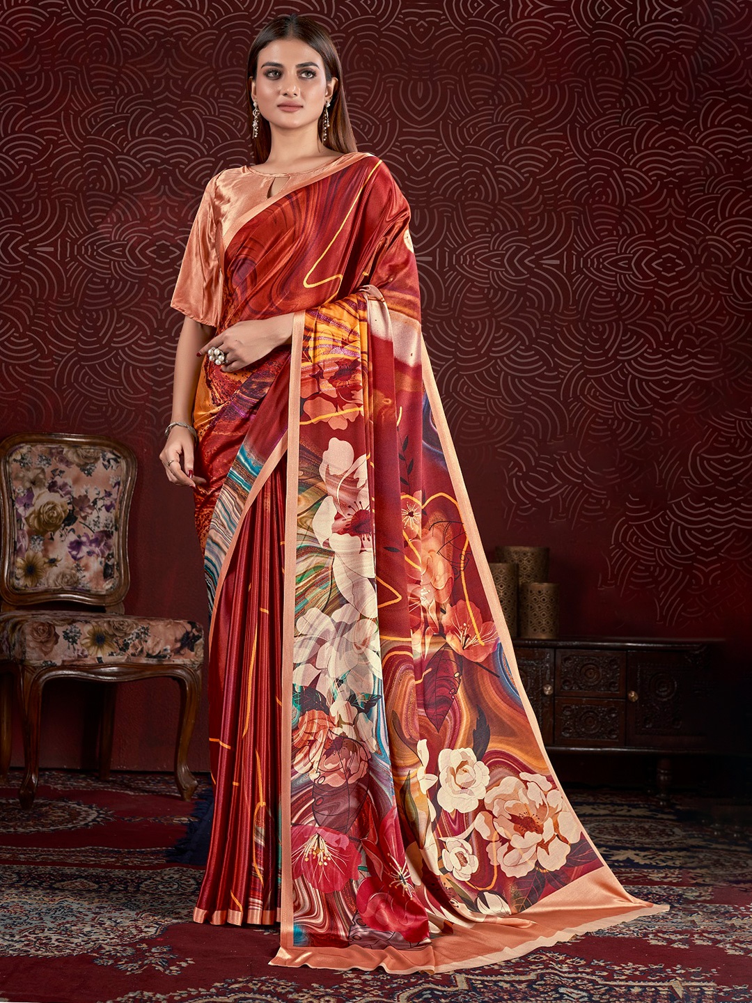 

JIVORA Floral Printed Saree, Red