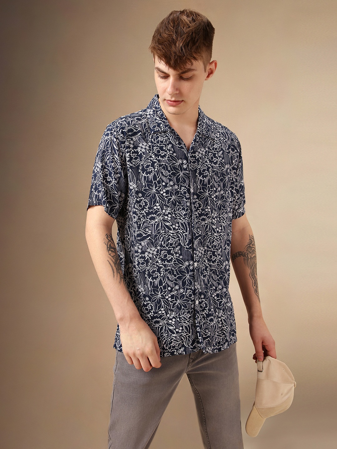 

Dennis Lingo Smart Floral Printed Cuban Collar Relaxed Fit Casual Shirt, Navy blue