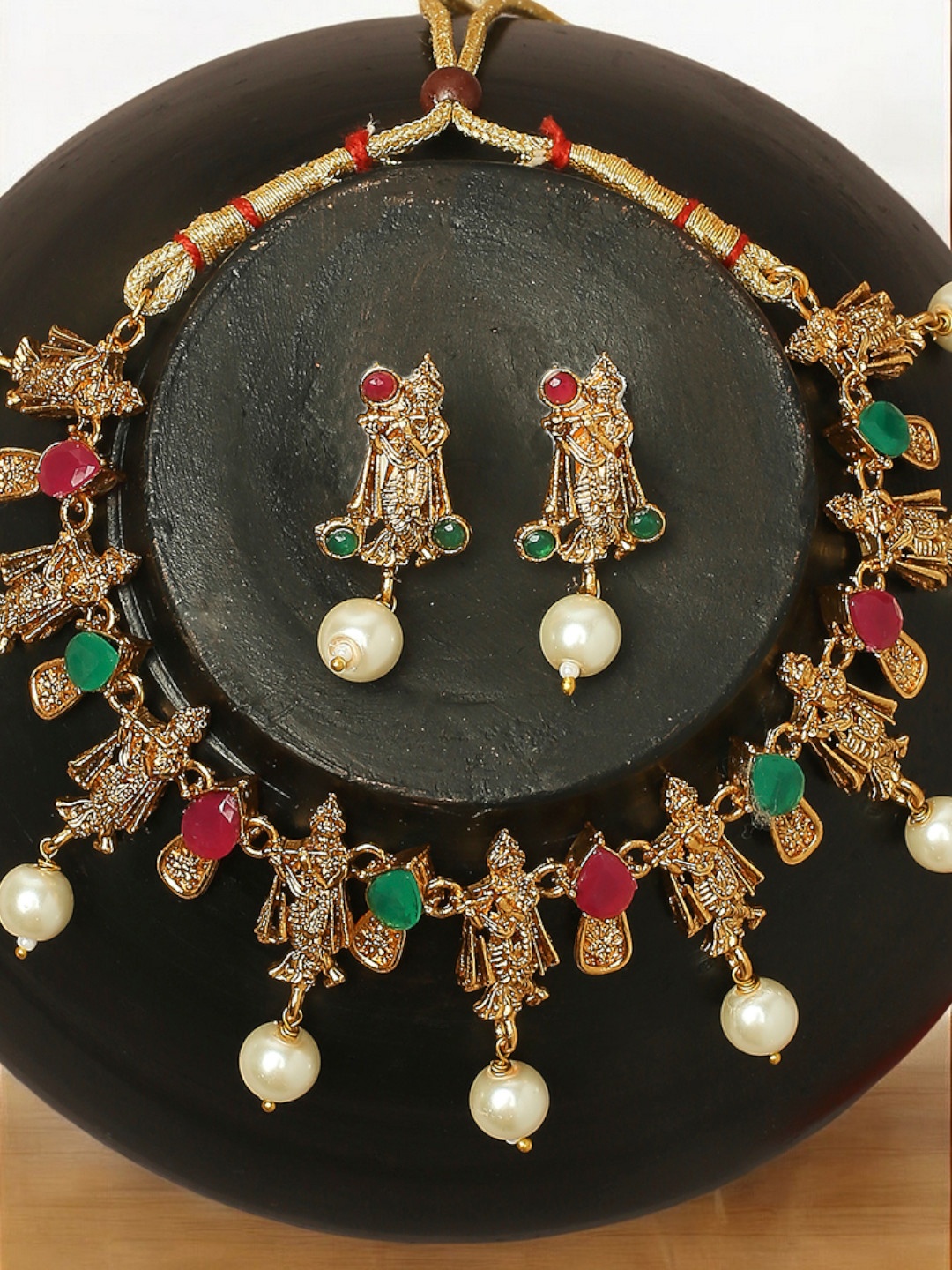 

Anouk Kundan Stone-Studded & Beaded Krishna Design Temple Necklace And Earrings, Gold