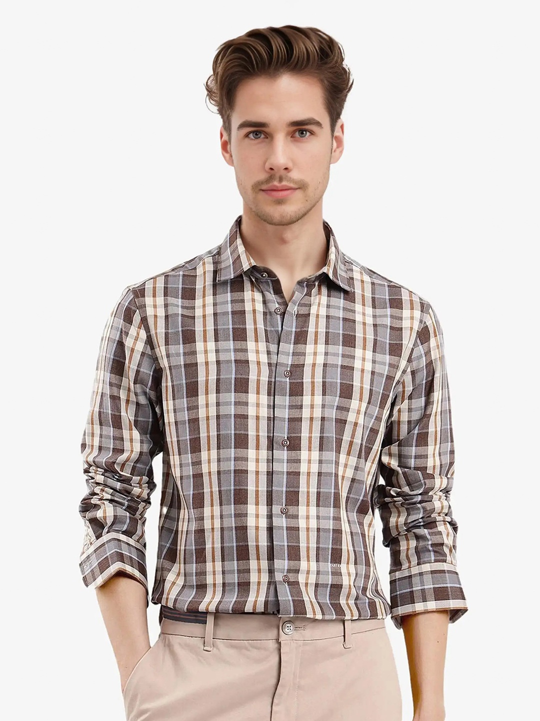 

RARE RABBIT Men Comfort Spread Collar Tartan Checked Cotton Casual Shirt, Brown