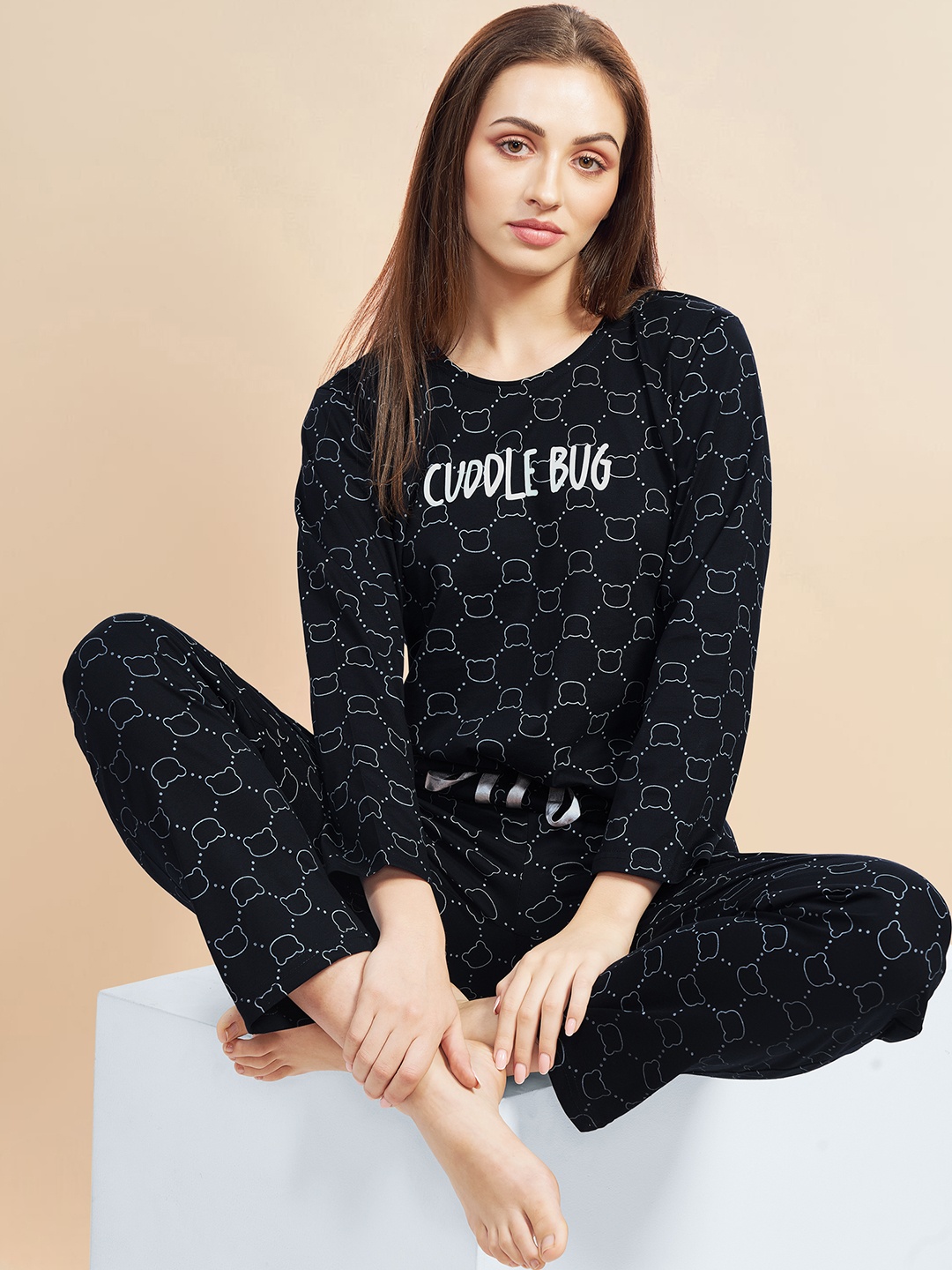 

PASTEL CLIP Women Printed Pure Cotton Night suit, Navy blue