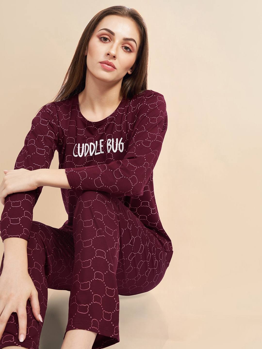 

PASTEL CLIP Women Teddy Printed Pure Cotton Night suit, Maroon