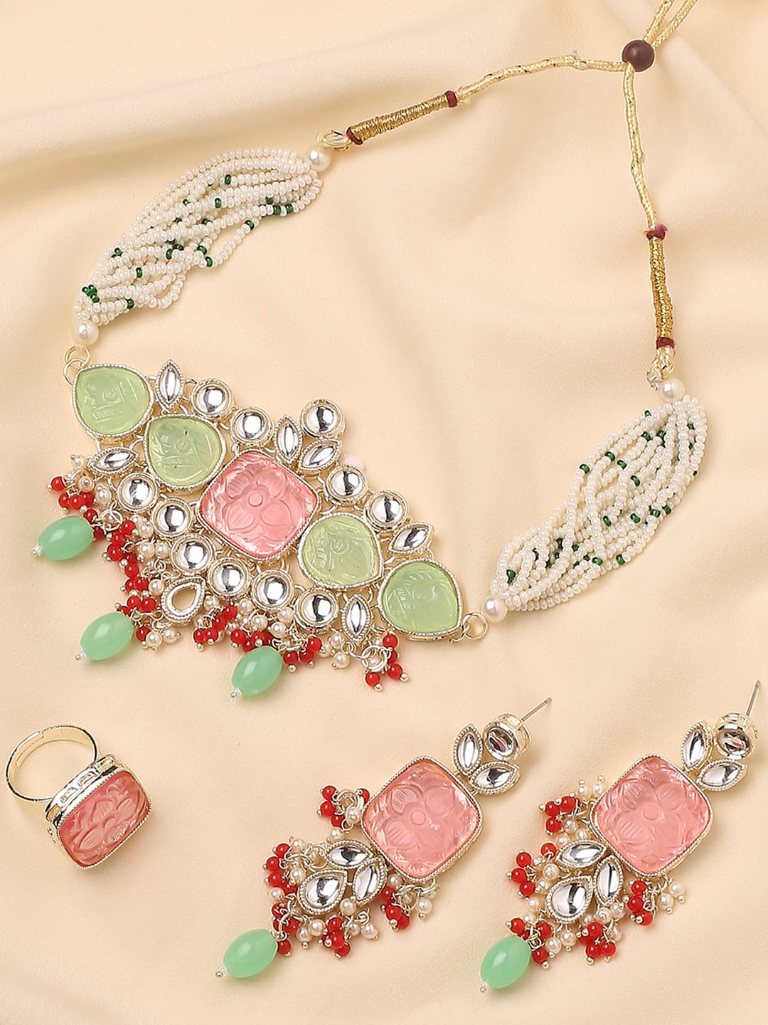 

Anouk Kundan Studded & Beaded Engraved Necklace and Earrings With Finger Ring, Gold