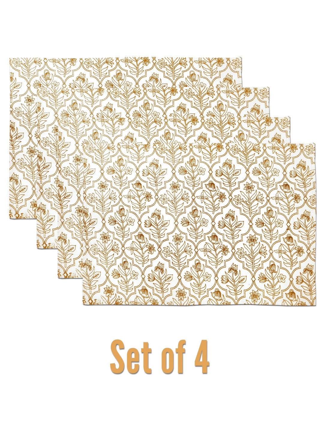 

ANA Yellow & White 4 Pieces Floral Printed Rectangle Pure Cotton Table Placemats