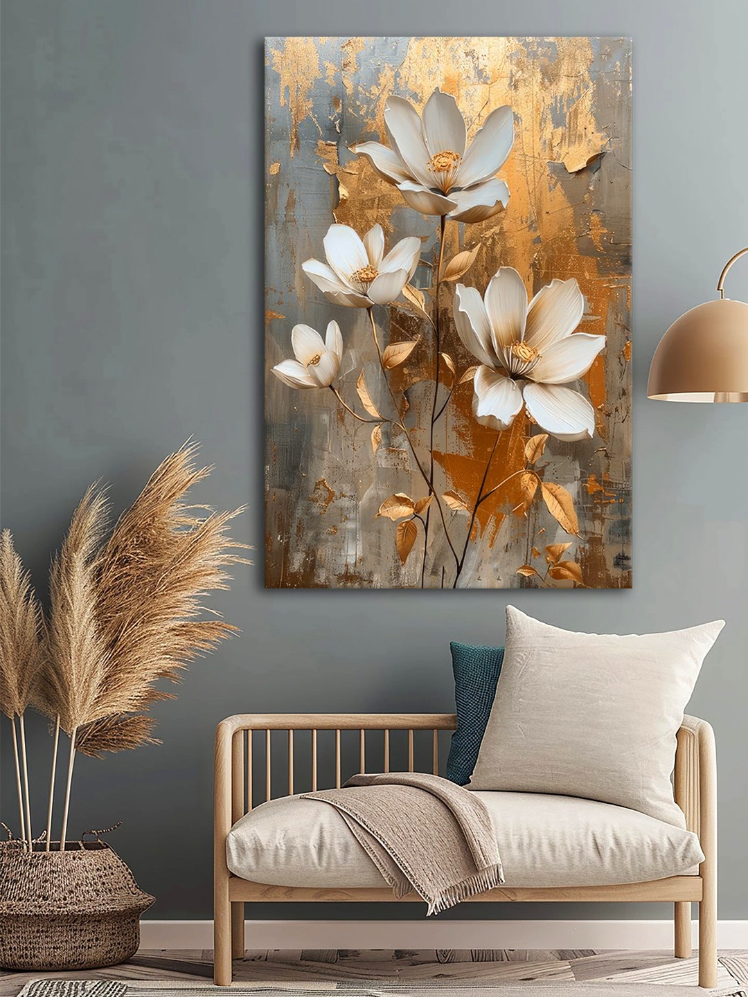 

999Store Gold-Toned & White Canvas Floral Wall Art