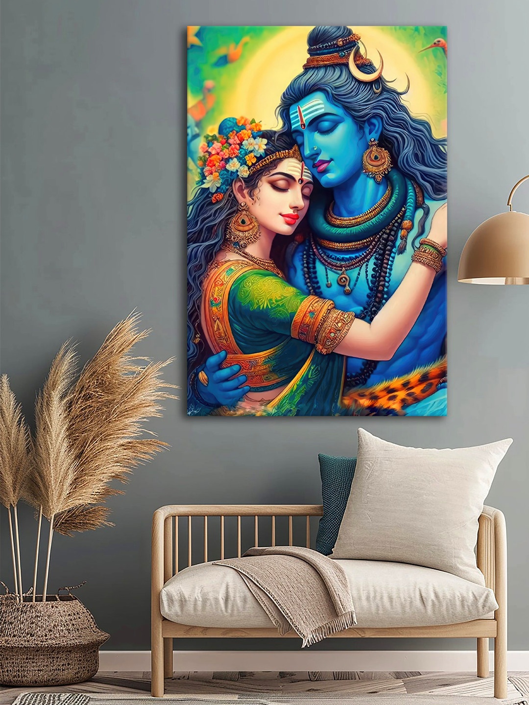 

999Store Blue & Yellow Shiva and Parvati Printed Canvas Wall Art