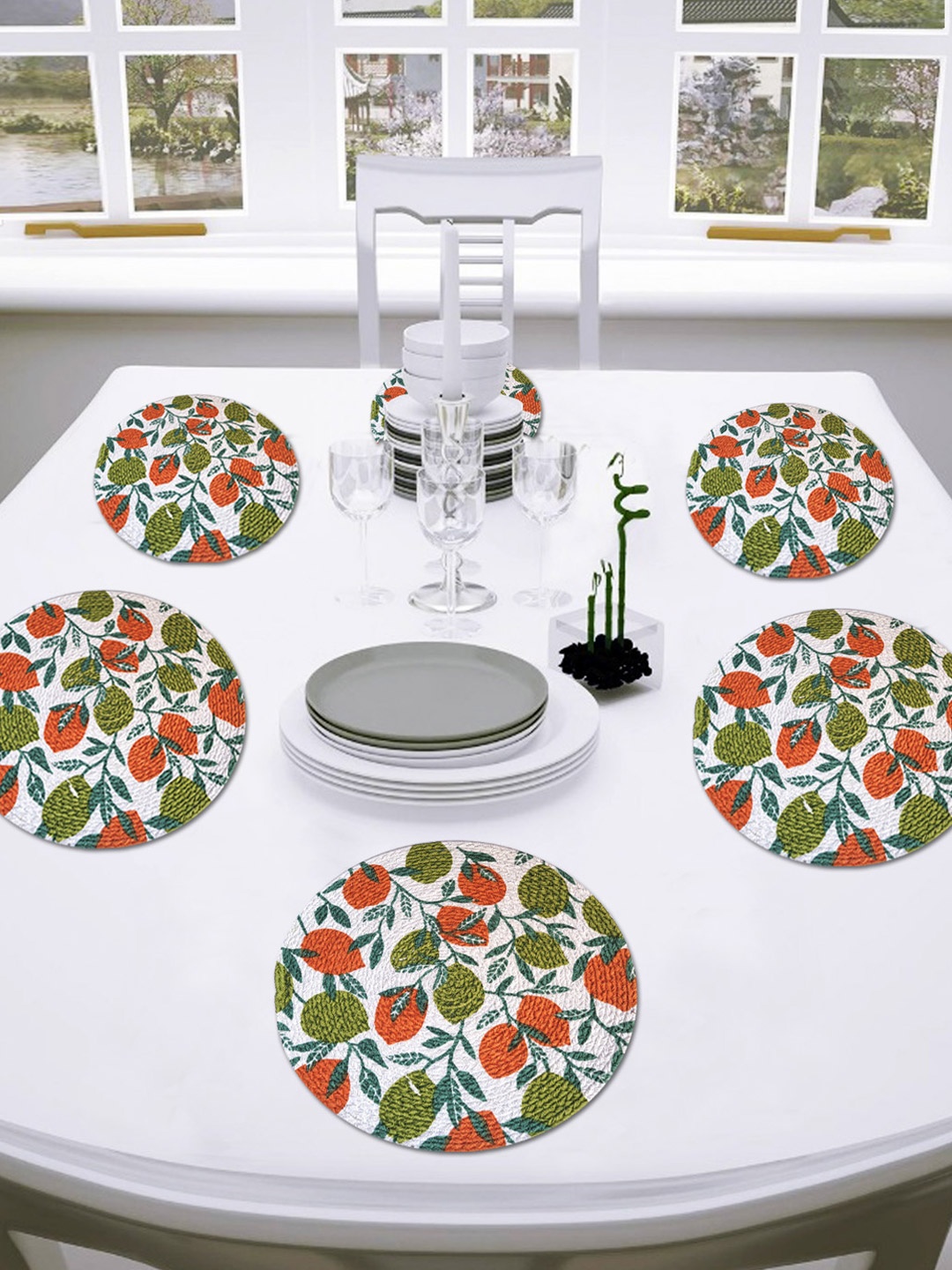 

ANA Green & Rust 6 Pieces Leaf Printed Cotton Round Reversible Kitchen Placemats