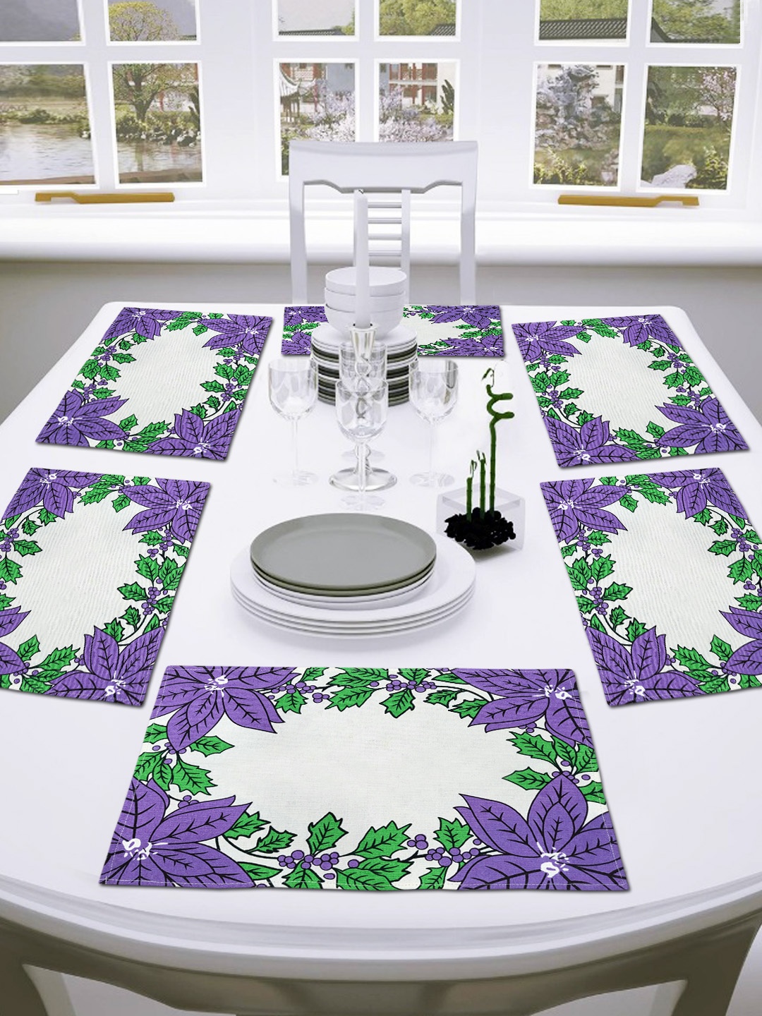 

ANA Purple & White 6 Pieces Floral Printed Rectangle Cotton Table Placemats