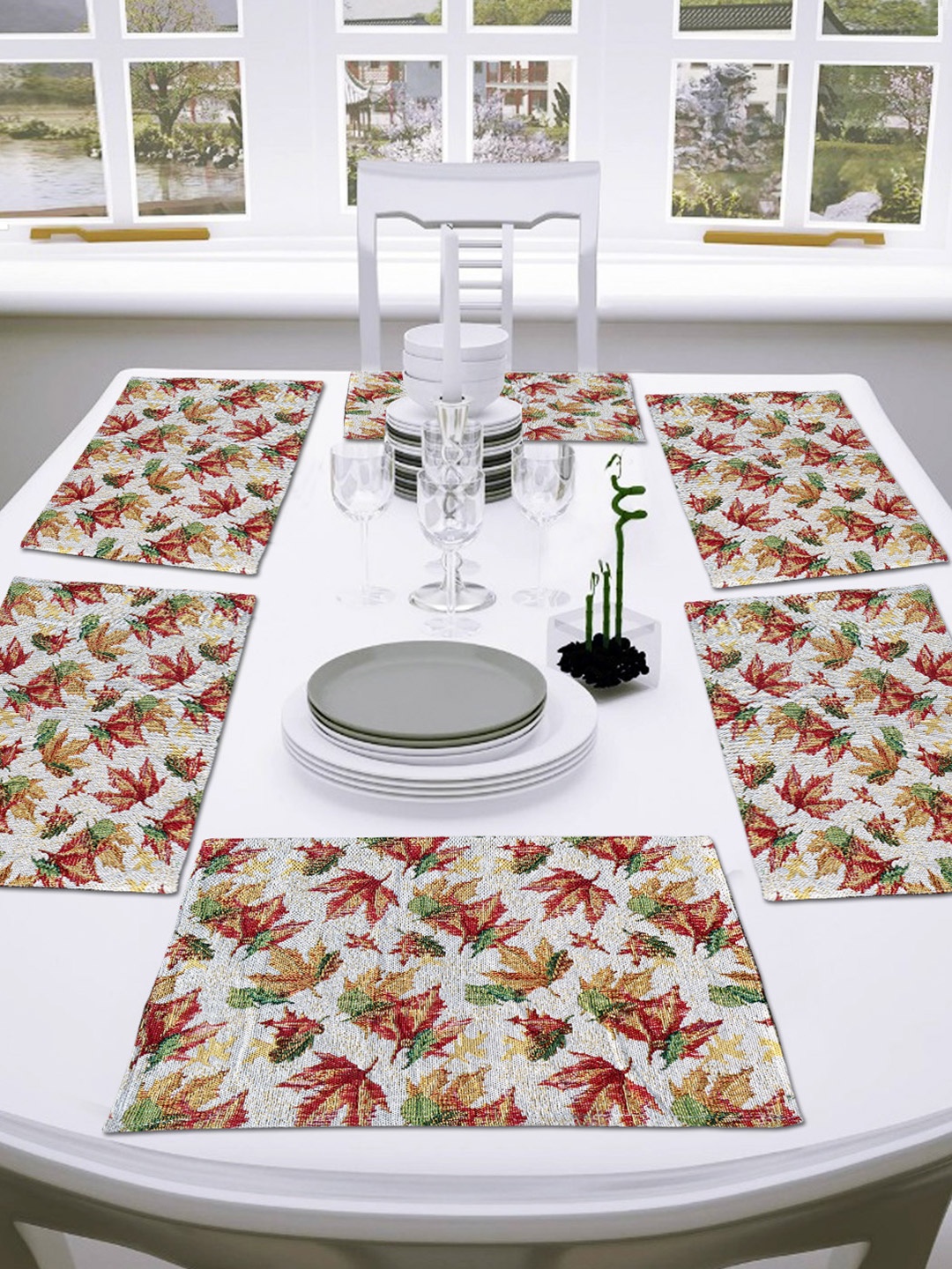 

ANA Rust & Green 6 Pieces Floral Cotton Rectangle Table Placemats, White