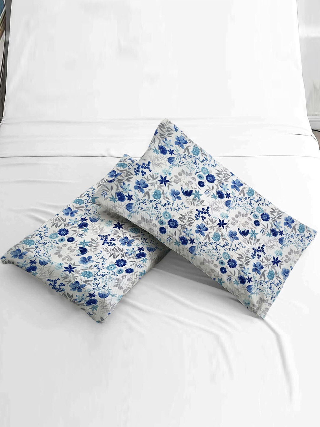 

ANA Blue & White 2 Pieces Self Design Cotton Linen Rectangle Pillow Covers