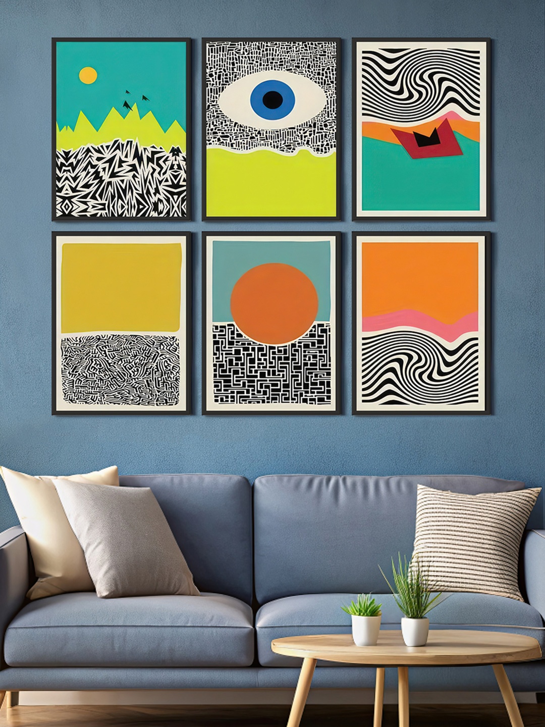 

999Store Green & Yellow 6 Pieces Canvas Abstract Wall Paintings