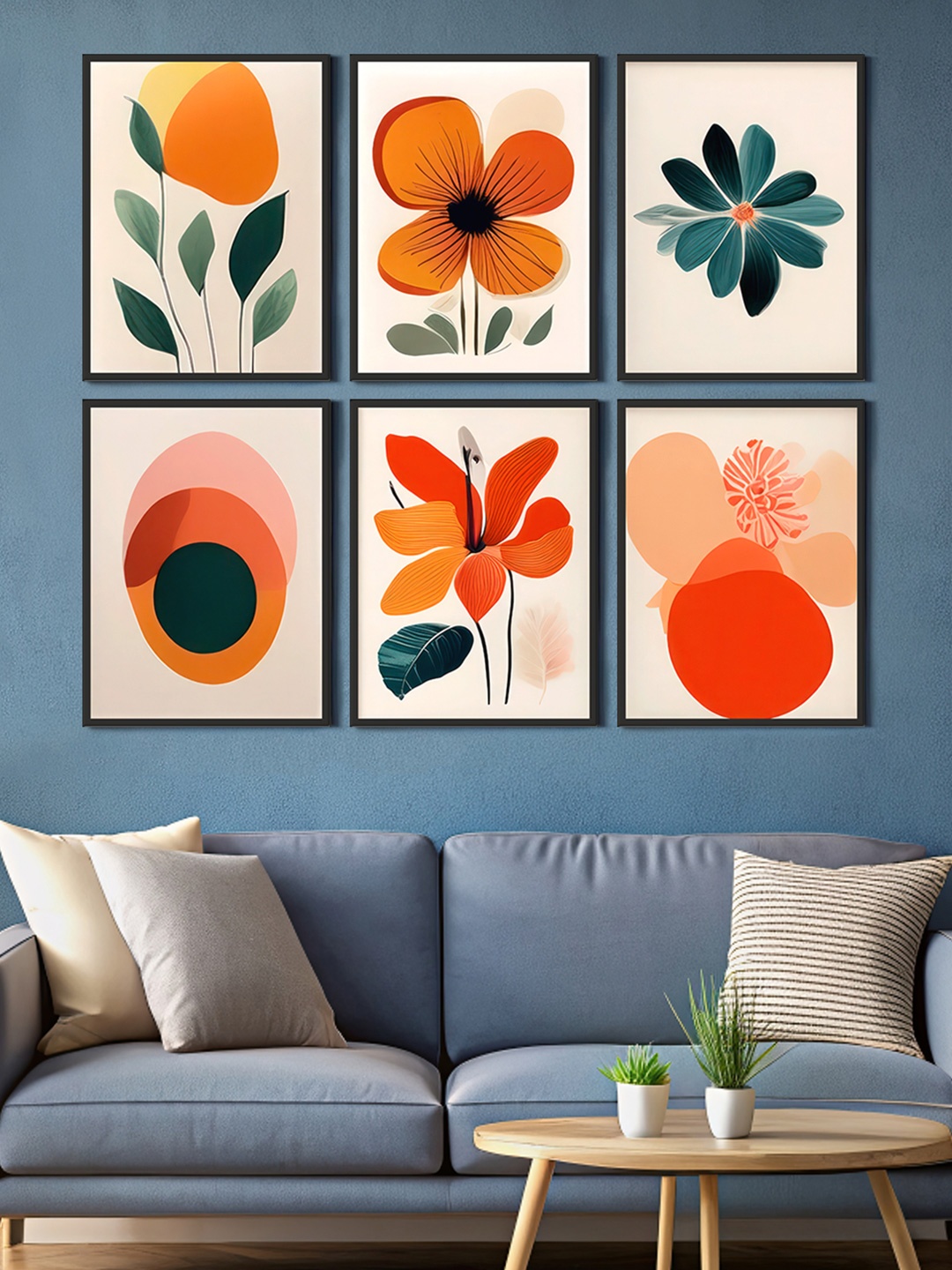 

999Store Peach-Coloured & Orange 6 Pieces Canvas Floral and Botanical Wall Paintings