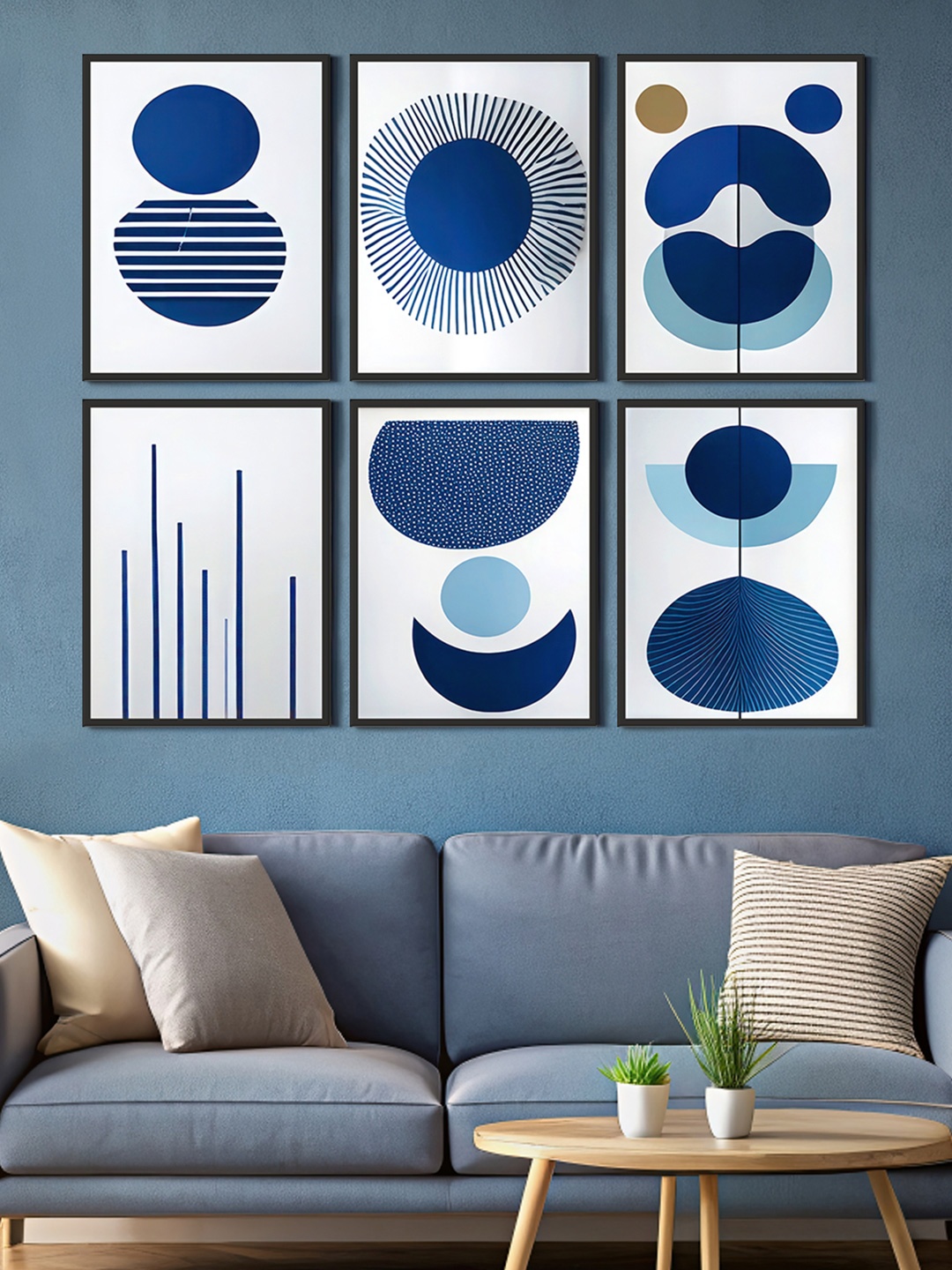 

999Store Blue & White 6 Pieces Abstract Printed Canvas Wall Art