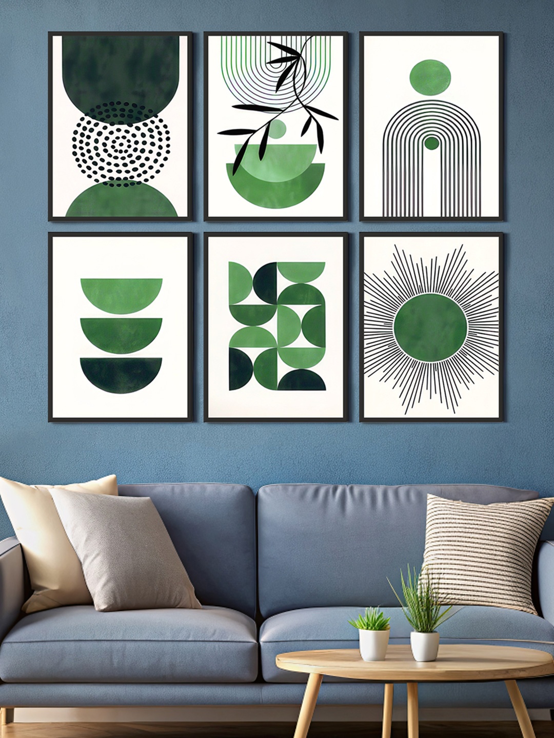 

999Store White & Green 6 Pieces Canvas Abstract Wall Paintings